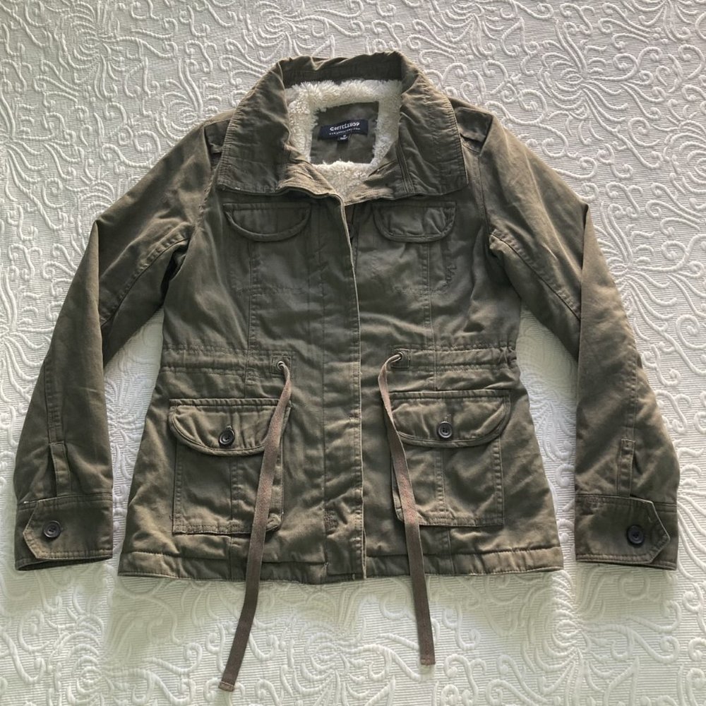 CoffeeShop Olive Green Faux Fur Lined Button-Up Utility Jacket, Women's Size M